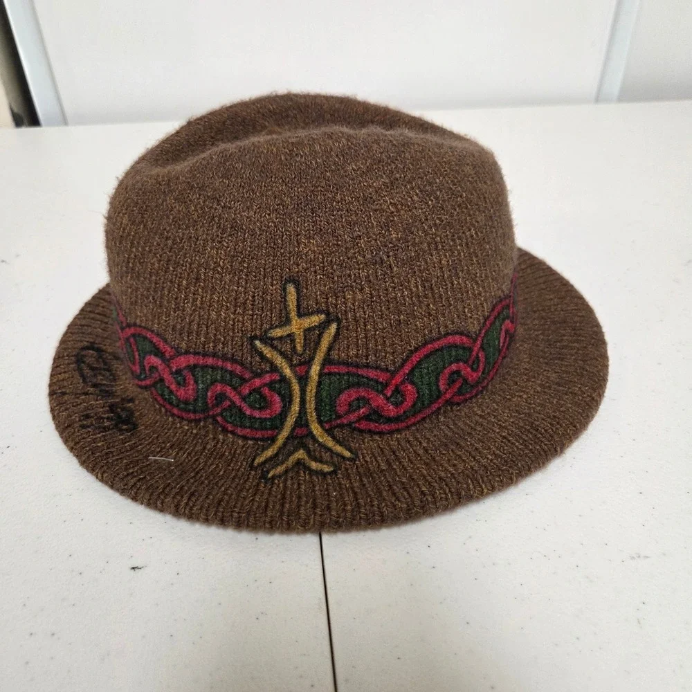 Tobi Brown Knit Fedora Hat Celtic Knot Embroidered Made in Canada One Size